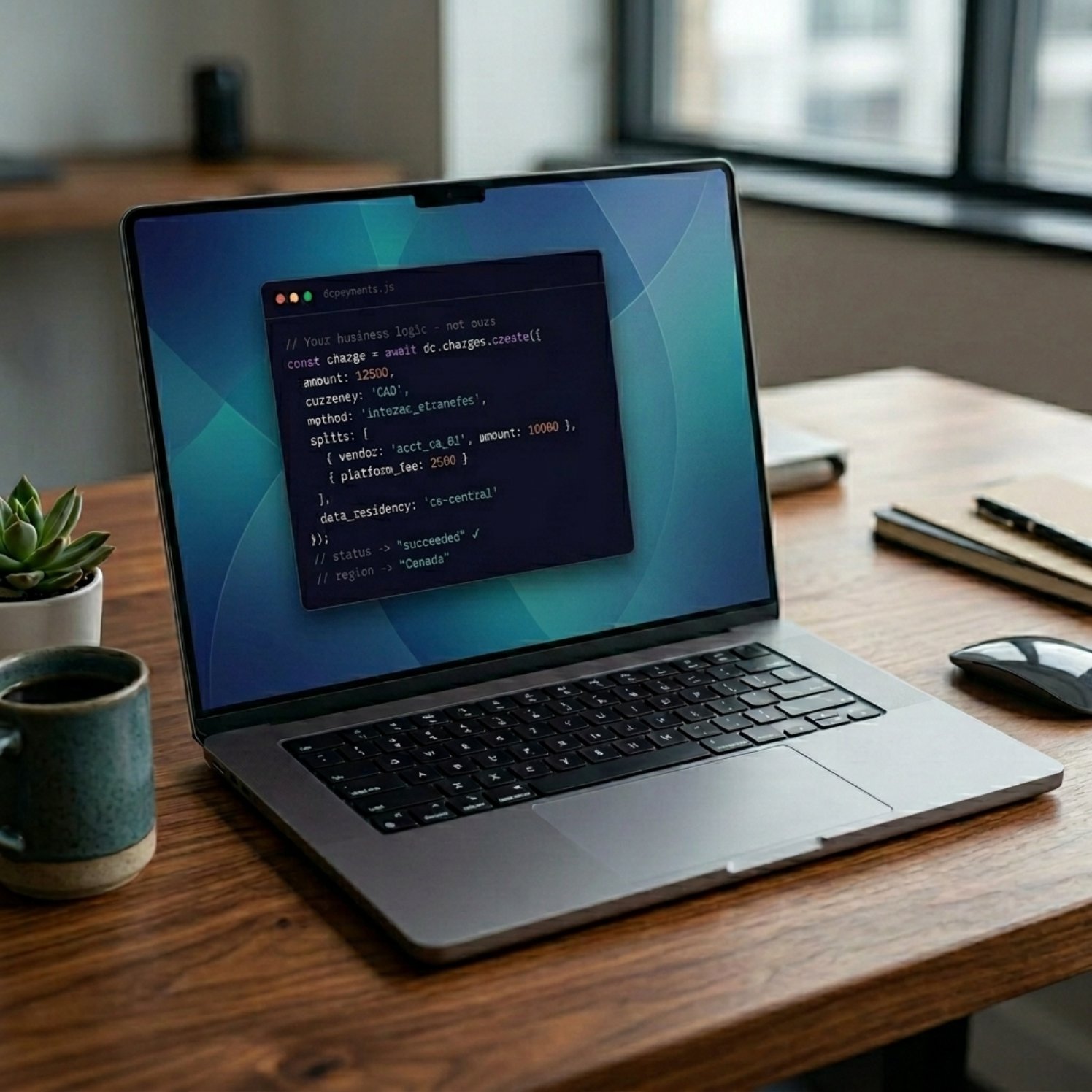 Laptop on a wooden desk showing DCPayments code in a code editor